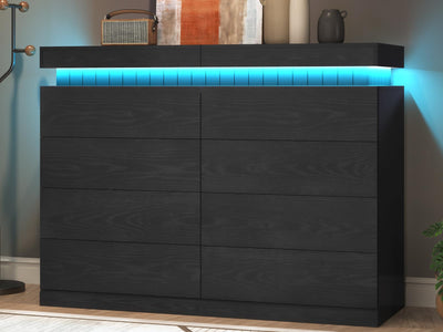 UPOSOJA Tall Black Dresser for Bedroom, Modern 8 Wood Drawers with LED Light and Power Outlet, Floating Dressers for Closet, Large Chest of Drawer for Living Room, Hallway, Entryway (8 Drawers,Black)