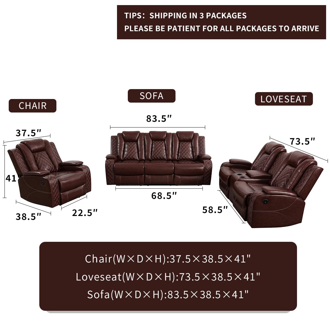 Dekmxas Living Room Set Brown Breathing Leather Sofa Living Room Furniture Set Power Recliner Manual Sofa,Loveseat and Chair with Cup Holders/Storage Console/LED Light for Living Room Dekmxas