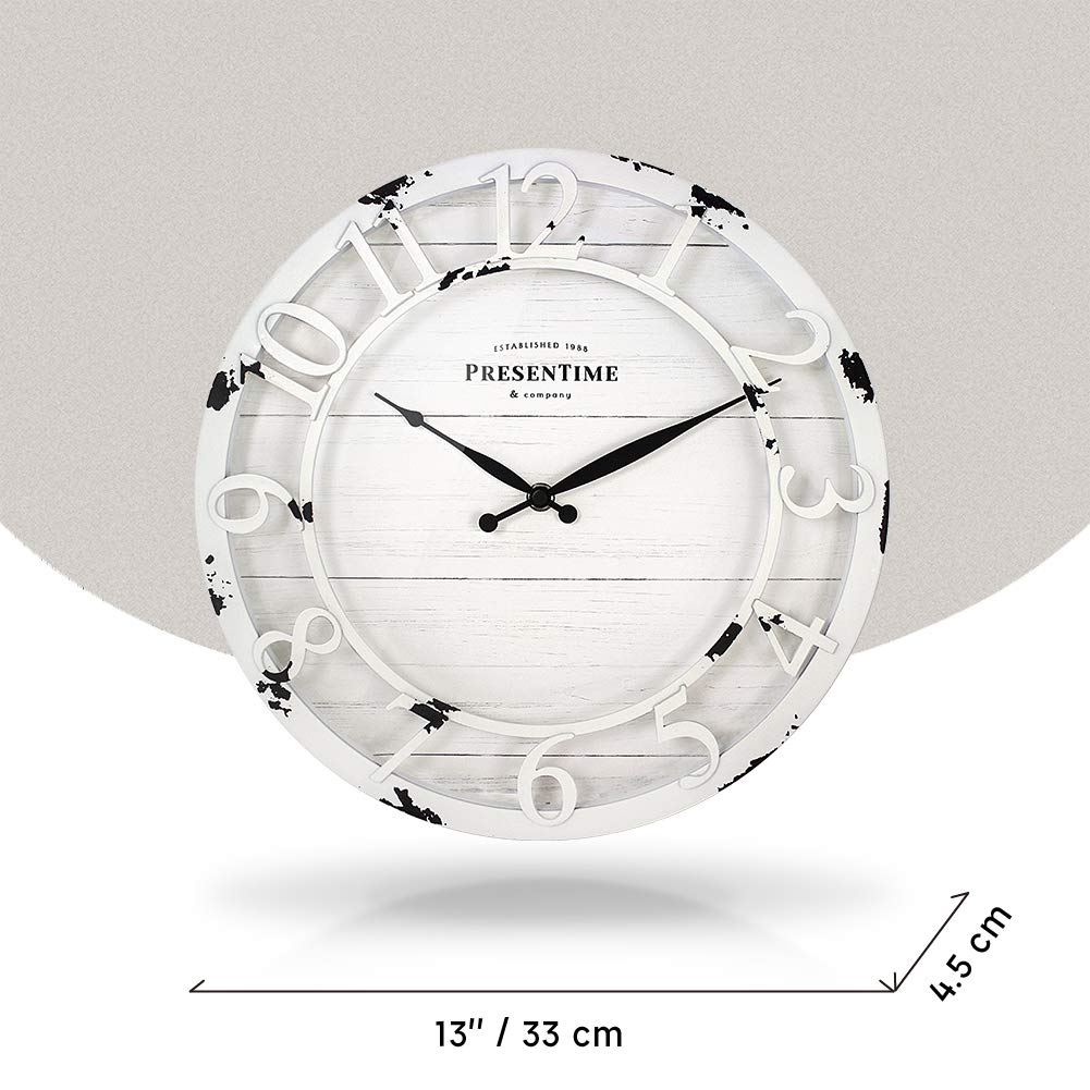 Presentime & Co 13" Farmhouse Series Wall Clock, Quartz Movement, Shiplap Style, Raised 3D Arabic Numeral, Antique Distressed White Presentime