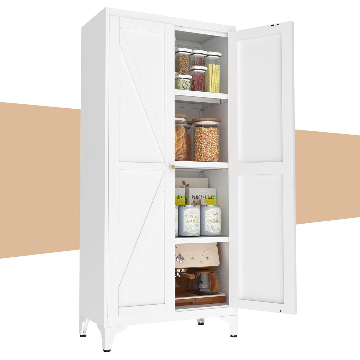 65" Tall Kitchen Cabinet,Food Pantry Cabinets with Doors and Adjustable Shelves,White Metal Storage Cabinets,Large and Portable Arganization Cabinet for Pantries Kitchen Living Room Bathroom Vaernevy