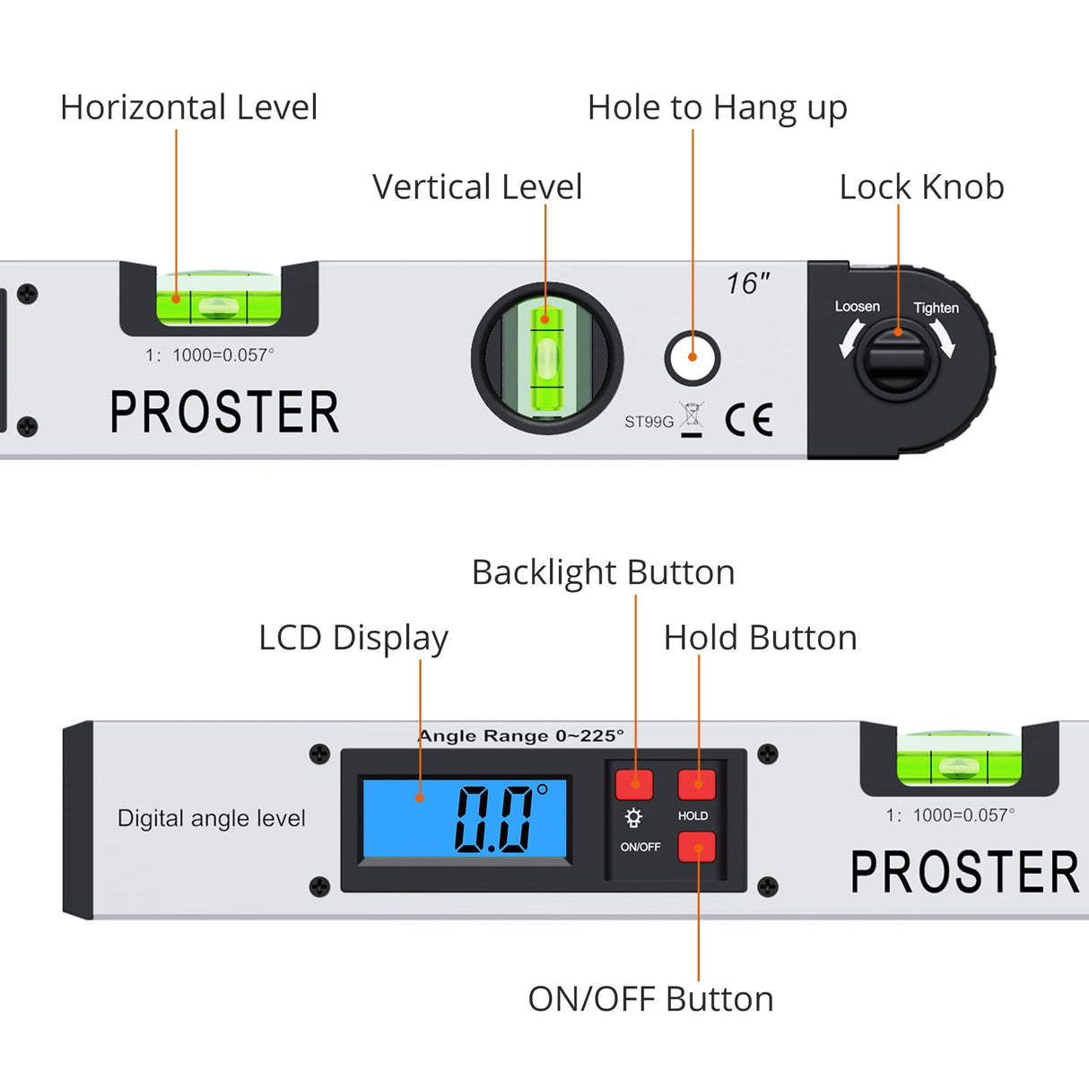 Proster 0-225° Digital Angle Finder Protractor - Aluminum Angle Gauges 225° 16 inch Backlit LCD Protractor with Horizontal and Vertical for Carpenter Woodworking Home Decoration Proster