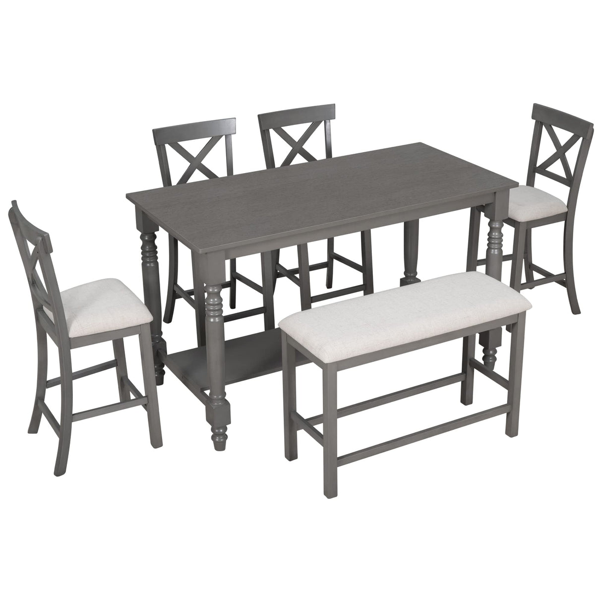 Bellemave Kitchen Dining Table Set for 6, Counter Height Dining Table with Shelf, 4 Chairs and Bench, 6 Piece Wood Rectangular Dining Room Set, Easy Assembly (Gray) Bellemave