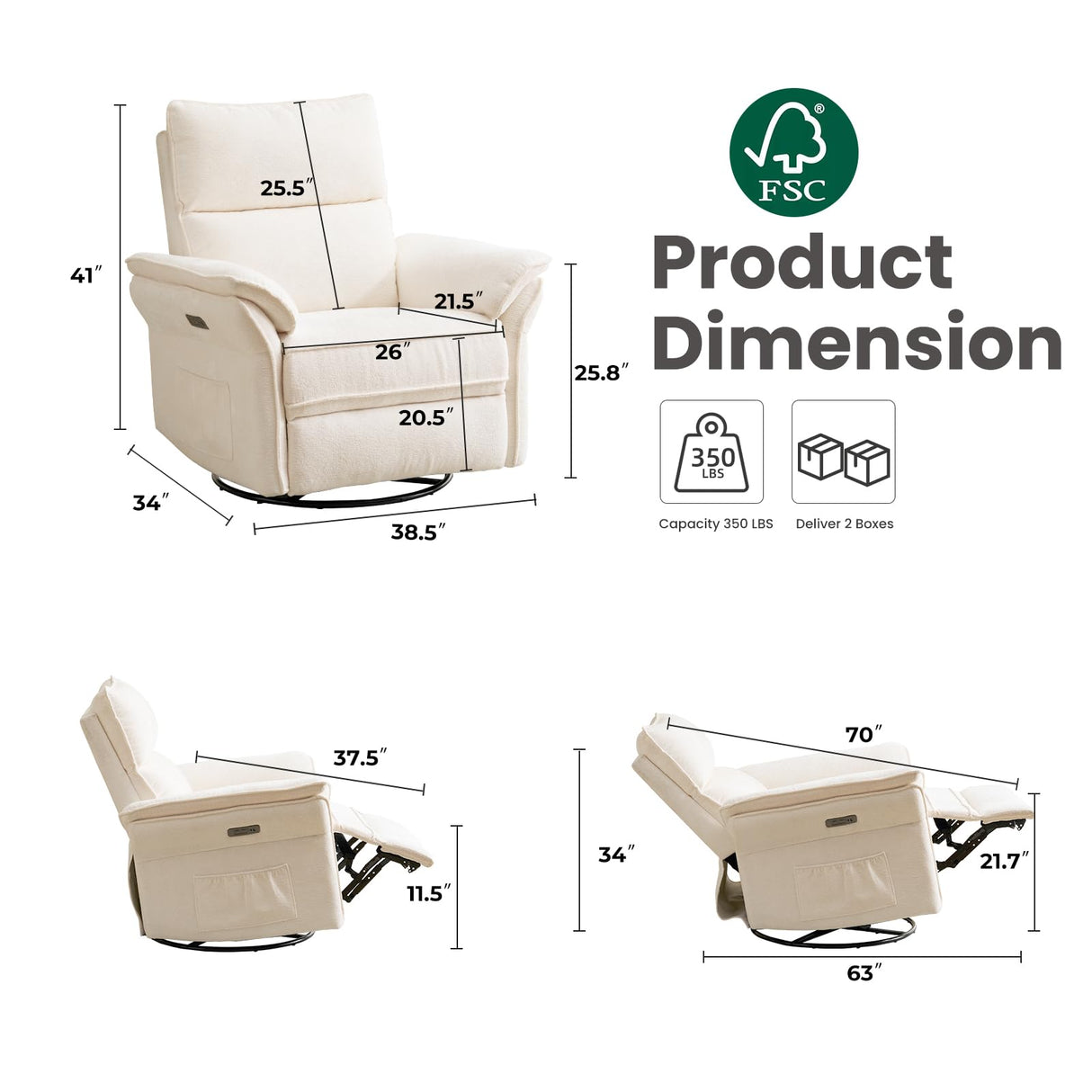 Rhevoy Oversized Power Recliner Chair Swivel Glider with Massage and Heat, Rocker Nursery Recliner for Adults with Adjustable Headrest, 26" Extra Wide Nursery Chair with Overstuffed Armrest,White Rhevoy