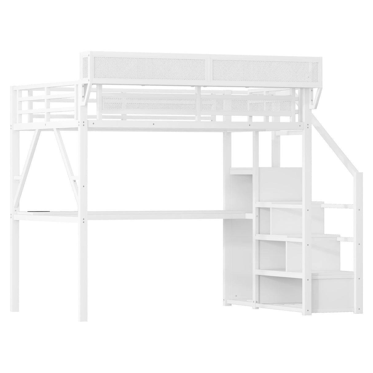 Full Loft Bed with Desk and RGB Light, Metal Loft Bed Frame with Stairs and Bedside Shelf, Heavy-Duty Lofts Beds with Storage Shelves and Wardrobe for Kids Teens, White Mirightone