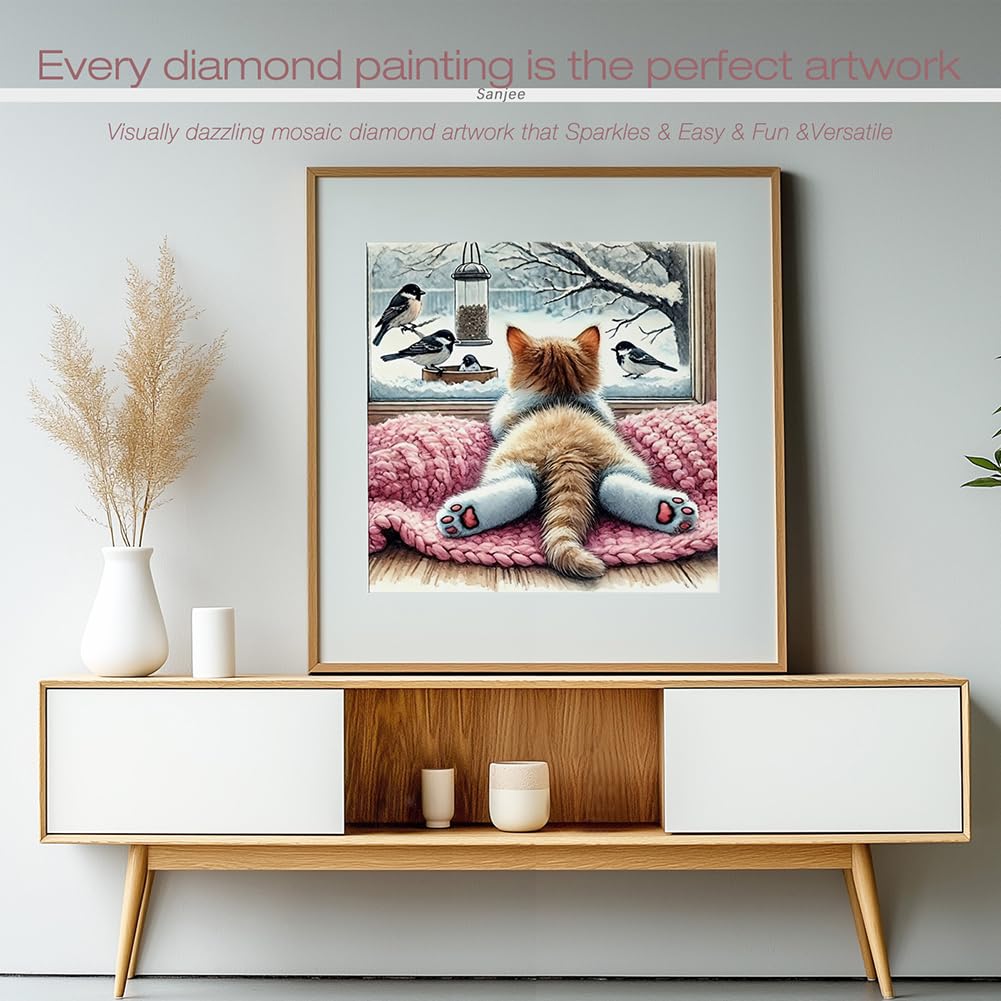 Sanjee Cat Diamond Art Kits for Adults, Diamond Painting Kits for Beginner, 5D DIY Round Full Drill Gem Art Crafts for Home Wall Decor Gift, 12x12inch Sanjee