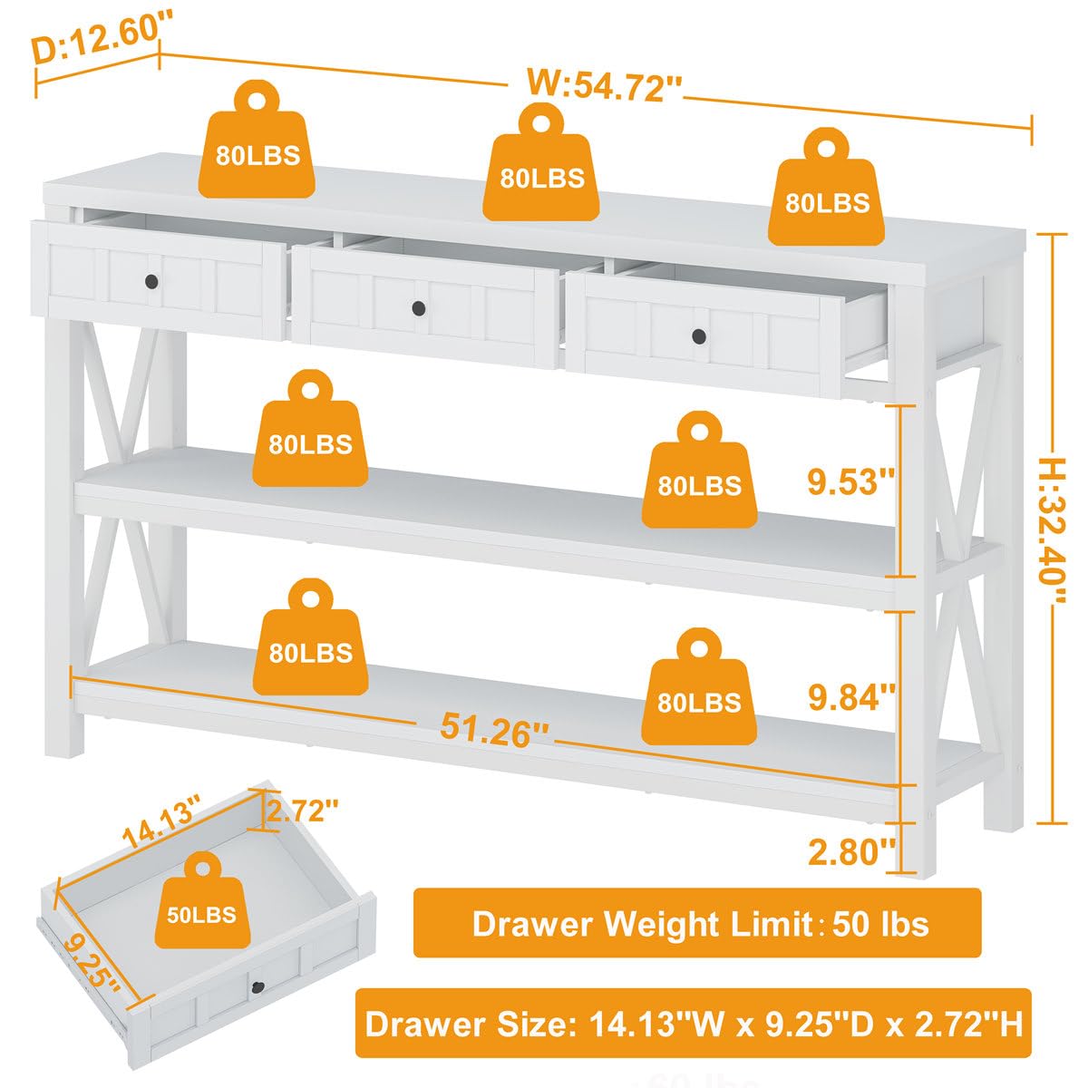 FATORRI Rustic Wood and Metal Console Table with 3 Drawers for Entryway and Living Room - White Oak FATORRI