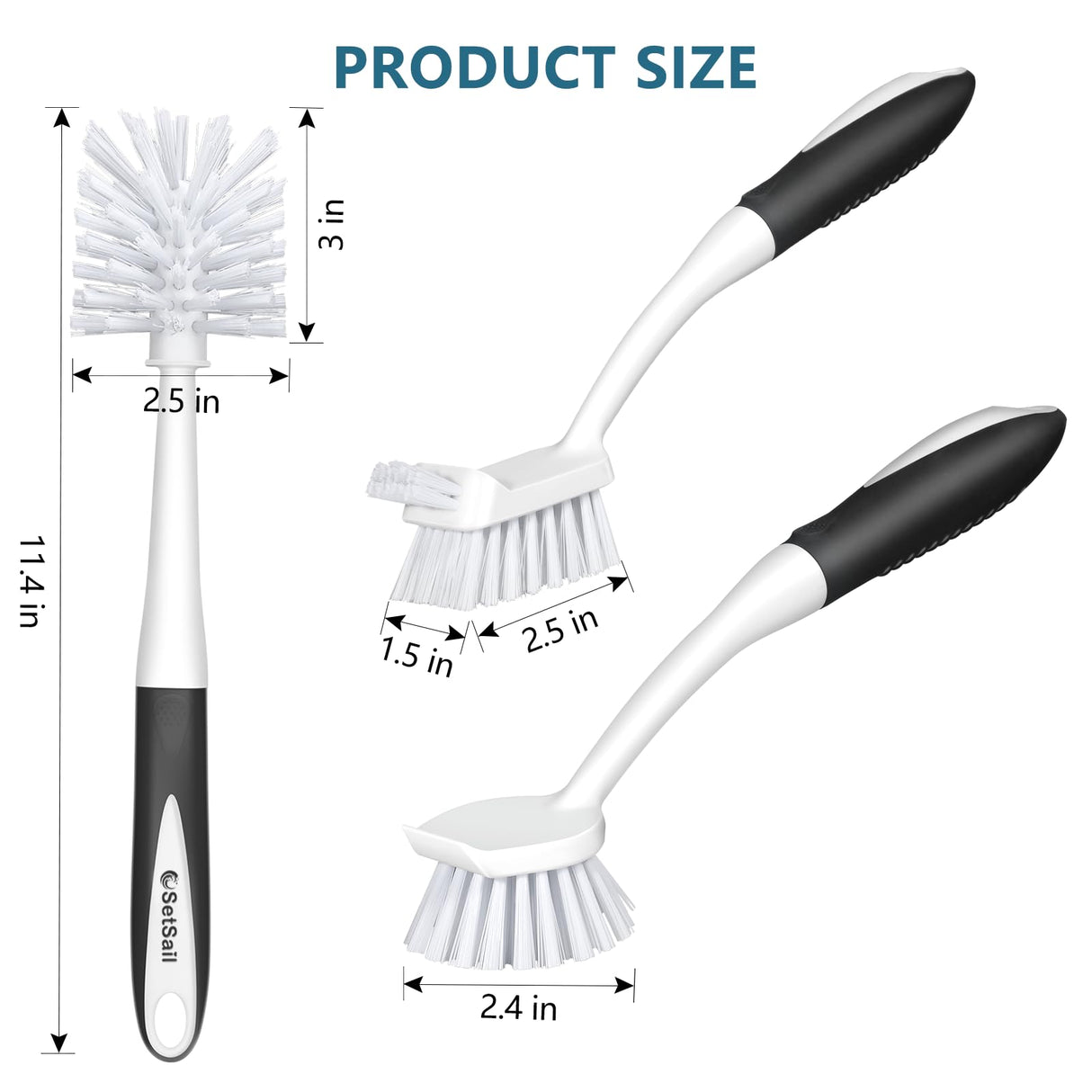SetSail Dish Brush Set of 3 with Bottle Brush, Dish Scrub Brush with Long Handle Deep Cleaning Handle Brush with Scraper Tip for Kitchen Sink Dishes Bottle Cup Pot and Pans Tile Lines, Black SetSail