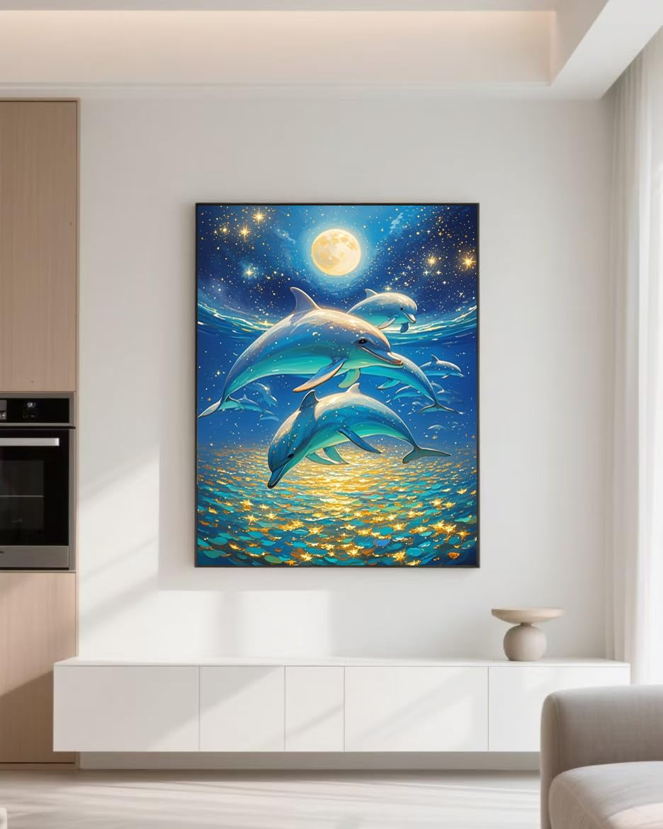 Dolphin 5D Diamond Painting Kit for Adults,Moonlit Ocean Full Drill DIY Round Gem Art Diamond Art Kits Painting Crafts Ideal for Beginners and Home Wall Decor 12X16inch PUSHPIN PAINTING