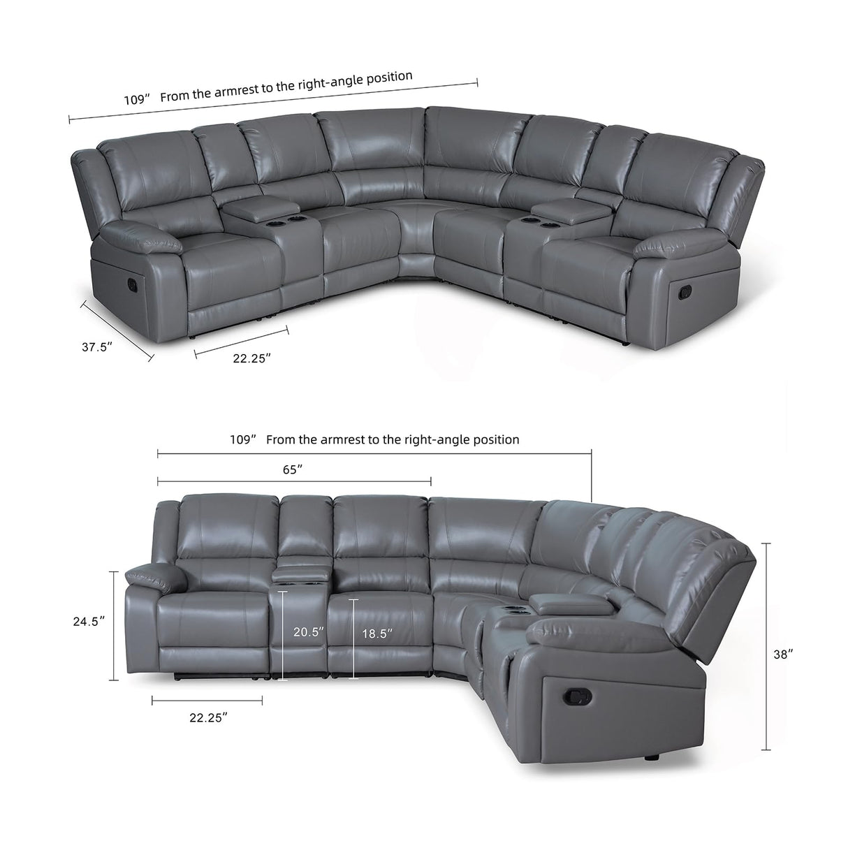 LY&S Home Collection Sectional Reclining Sofa, Sectional Couches for Living Room, Modular Manual PU Leather Recliner Sofa Livingroom Furniture Sets (Grey) LY&S Home Collection