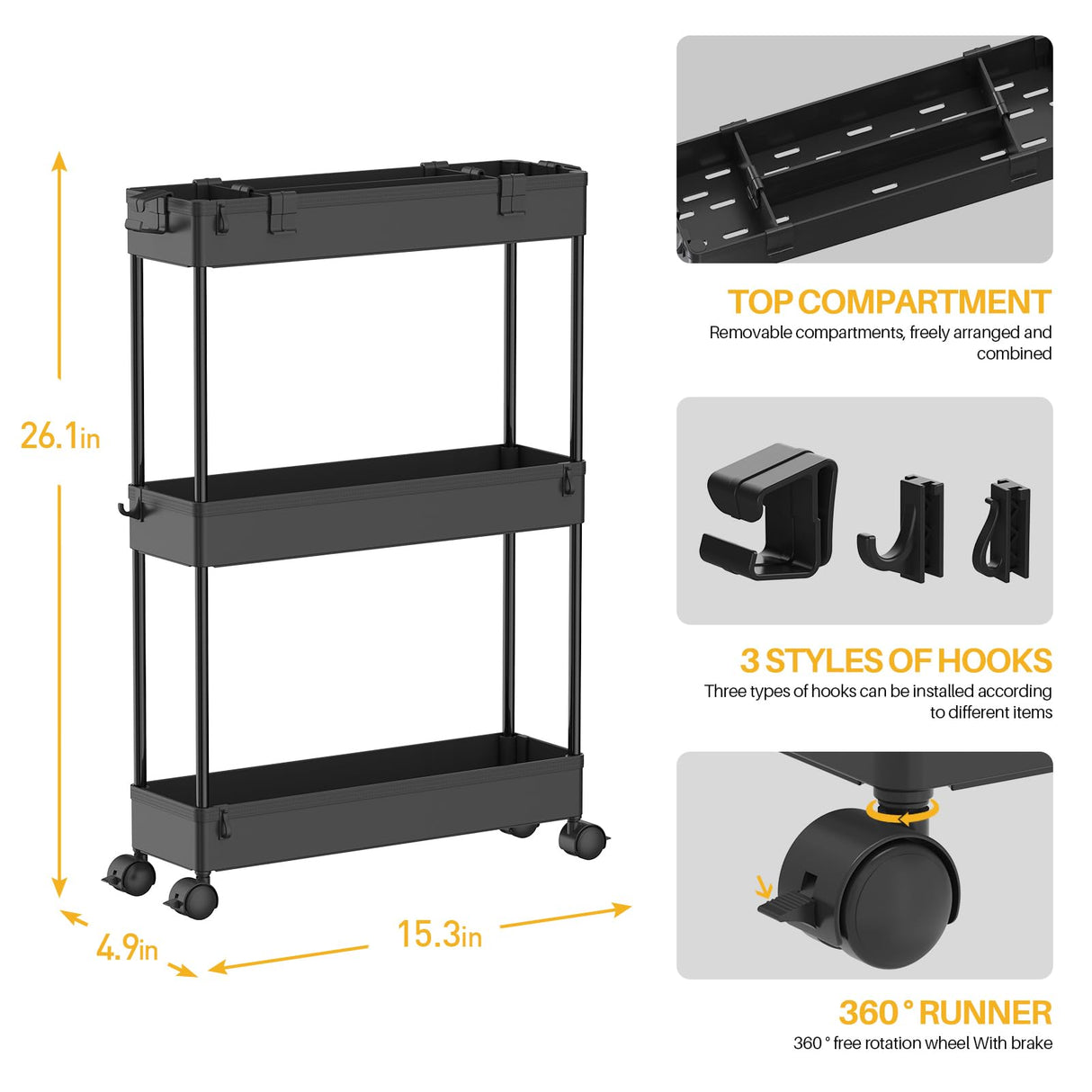 SPACELEAD Slim Storage Cart,3 Tier Bathroom Rolling Slide Out Utility Cart, Mobile Shelving Unit Organizer Trolley for Office Bathroom Kitchen Laundry Room Narrow Places, Black SPACELEAD