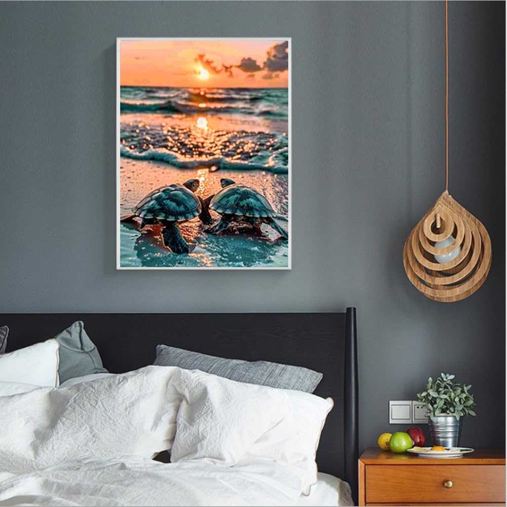 MaiYiYi Sunset Turtle Diamond Painting Set, 5D Full Round Drill Tortoise Diamond Painting by Numbers, Sea Turtle Crystal Diamond Painting Set for Adult Beginners Home Wall Art Decor (30X40 CM) MaiYiYi