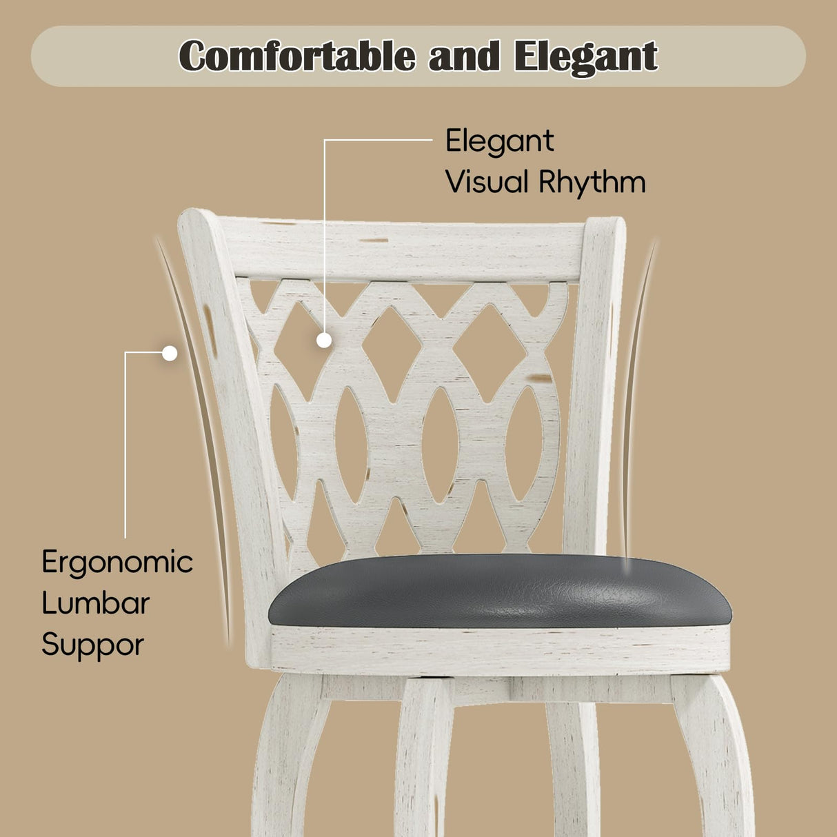 Callales 29" Bar Height Swivel Bar Stools Set of 2 for Kitchen Island, Farmhouse Barstool Counter Chair with Back and Footrest, Upholstered Barstools (White, Round Seat) Callales