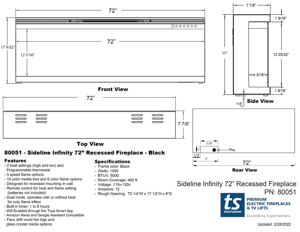 Touchstone Sideline Infinity 3-Sided Smart 72-inch WiFi-Enabled Electric Fireplace - 80051 - Built-in - 60 Color Combinations - 1500/750 Watt Heater (68-88°F Thermostat) - Black - Log & Crystals Touchstone