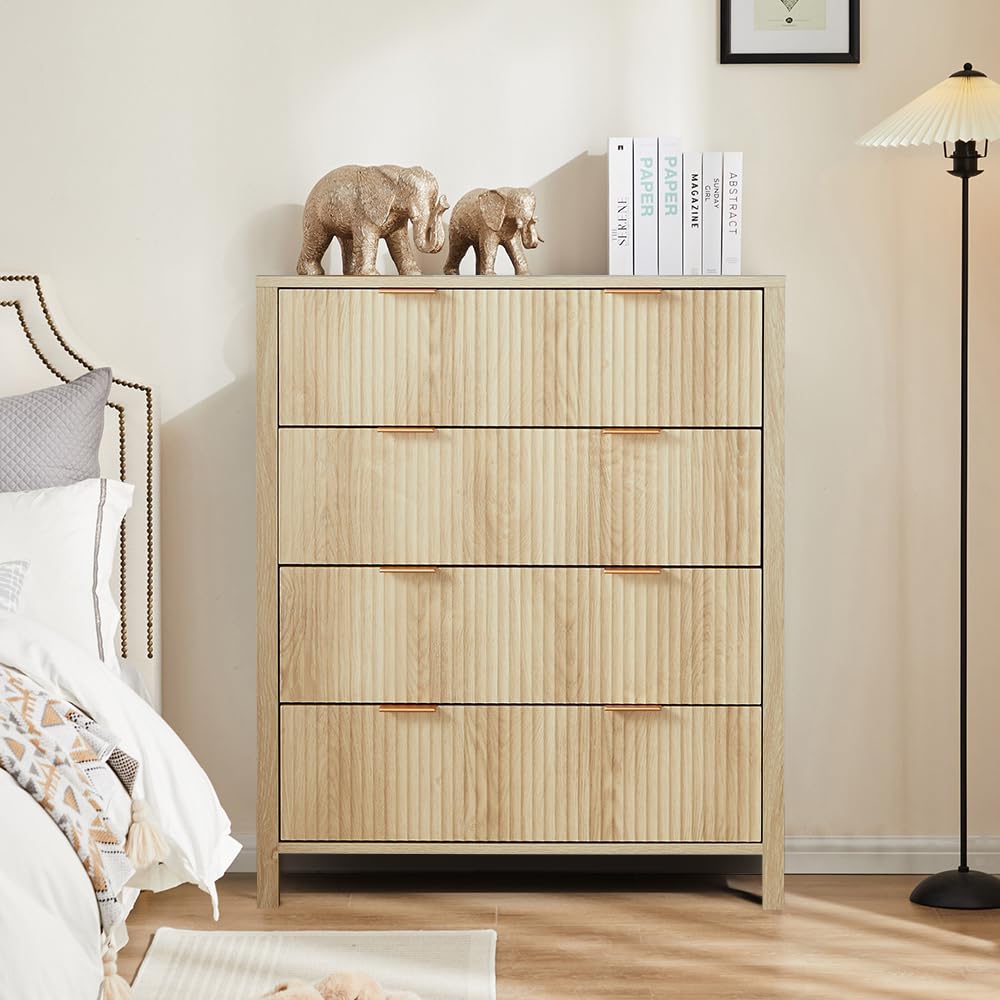 affeivul Mid Century Modern Dresser, 4 Drawer Dresser for Bedroom Wood, Boho Wooden Storage Cabinet Side Table with Solid Wood Legs, Tall Skinny Dresser for Closet, Living Room (Natural) affeivul