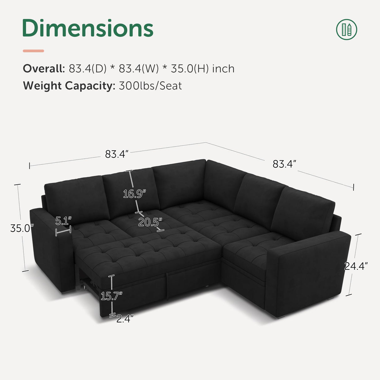 HONBAY Modular Sectional Sleeper Sofa with Pull Out Bed, Velvet Convertible L Shaped Couch with Storage Seat, Sectional Couches for Living Room, Black HONBAY