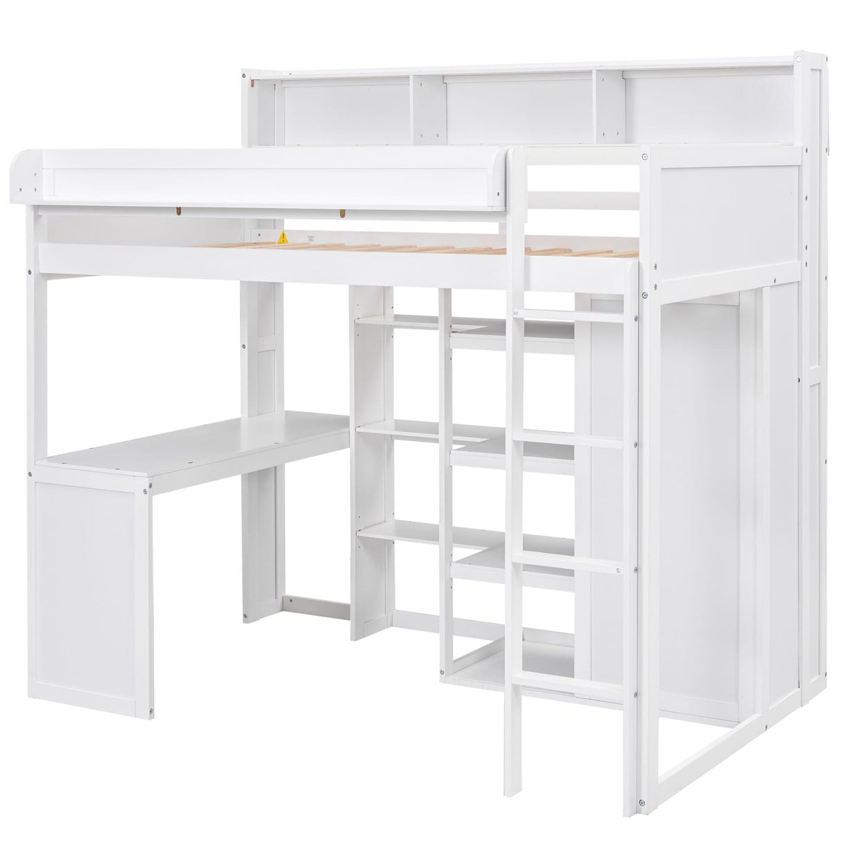 SOFTSEA Twin Loft Bed with Desk, Wardrobe, and Bookcase in White for Space-Saving Style SOFTSEA