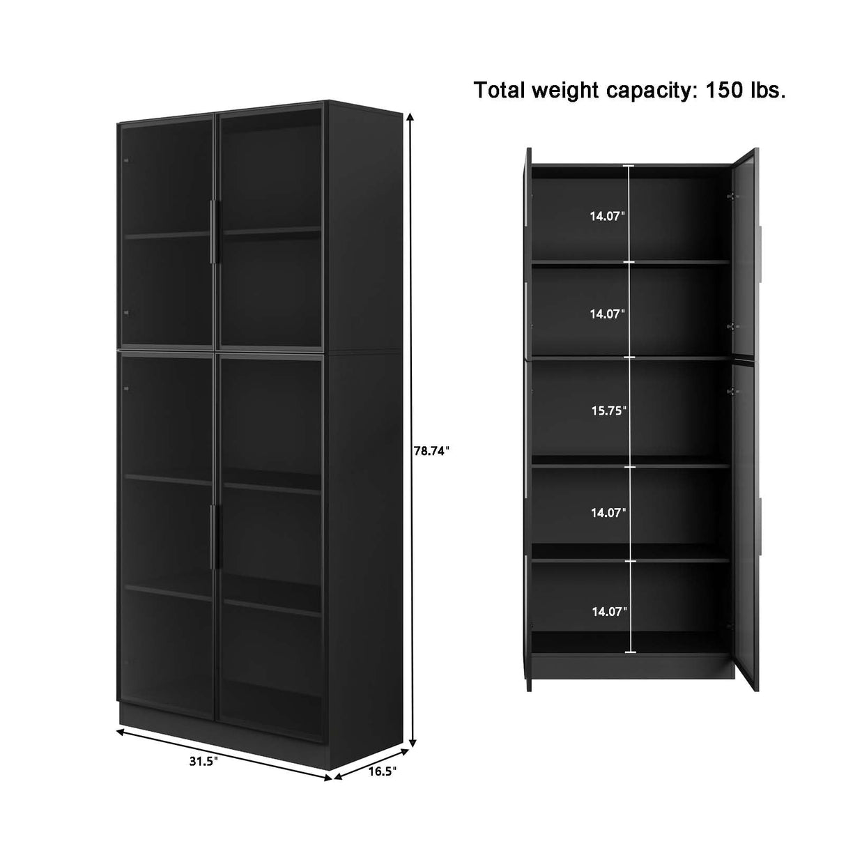 Jiaoun Display Cabinet with Glass Doors and LED Light, Black Curio Cabinets, Bookcase with 5-Tier Shelves, Trophy Glass Display Case for Collectibles (31.5 "W x 16.5 "D x 78.7 "H) Jiaoun