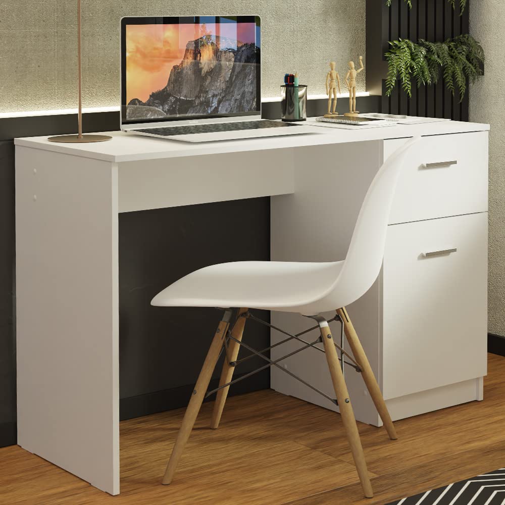 Madesa Compact Computer Desk Study Table for Small Spaces Home Office 43 Inch Student Laptop PC Writing Desks with Storage and Drawer, Modern Ergonomic Gaming Workstation - White Madesa