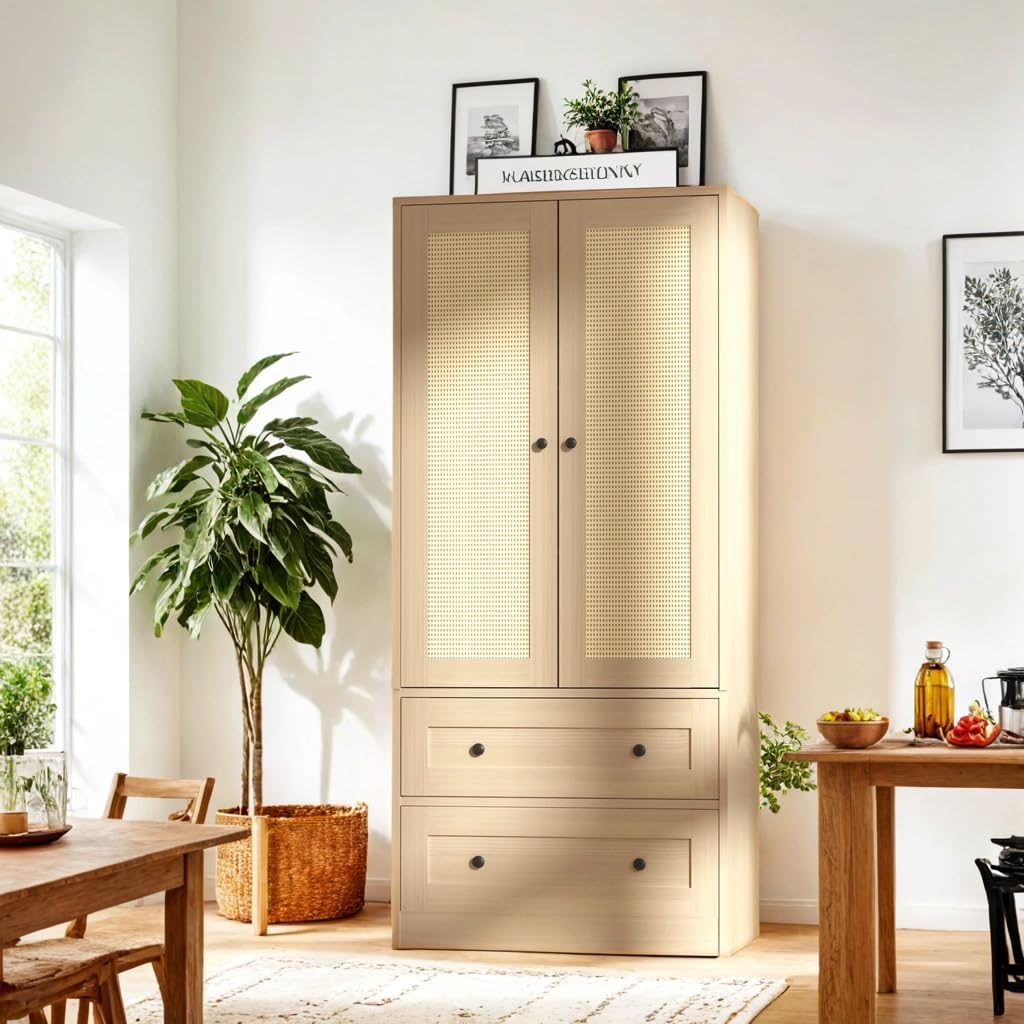 DIYART Rattan Oak Kitchen Pantry Cabinet, 64.2" Tall Kitchen Storage Cabinet with Doors and Drawers, Freestanding Wooden Storage Cabinet for Kitchen, Dining Room DIYART