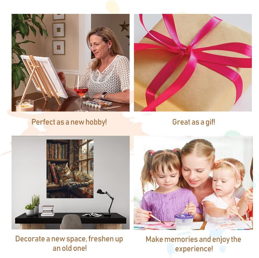 Sleeping Cat Paint by Numbers Kit for Adults - Bookshelf Paint by Numbers for Adults Beginner, DIY Acrylic EasyPainting by Number on Canvas Home Wall Decor 16”W x 20”L Clendo