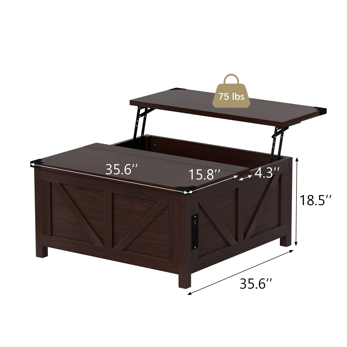 Furnivado 35'' Farmhouse Lift Top Coffee Table, Coffee Table with Storage and Large Hidden Storage, Square Coffee Table with Charging Station&USB Ports, Lift Coffee Tables for Living Room, Brown Furnivado
