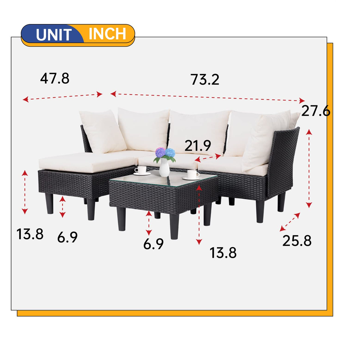 FDW Outdoor Sectional Rattan Chair Wicker Conversation Set Sofas, 5-Piece, Khaki FDW