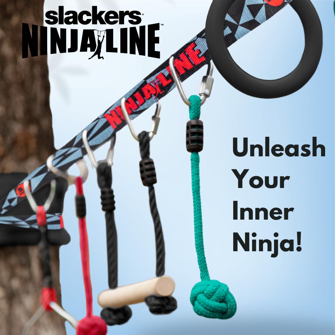Slackers Ninjaline - 36' Intro Kit - Includes 7 Hanging Attachments - Best Outdoor Ninja Warrior Training Equipment For Kids - Build Your Very Own Backyard Obstacle Course - Rated Ages 5+ Slackers