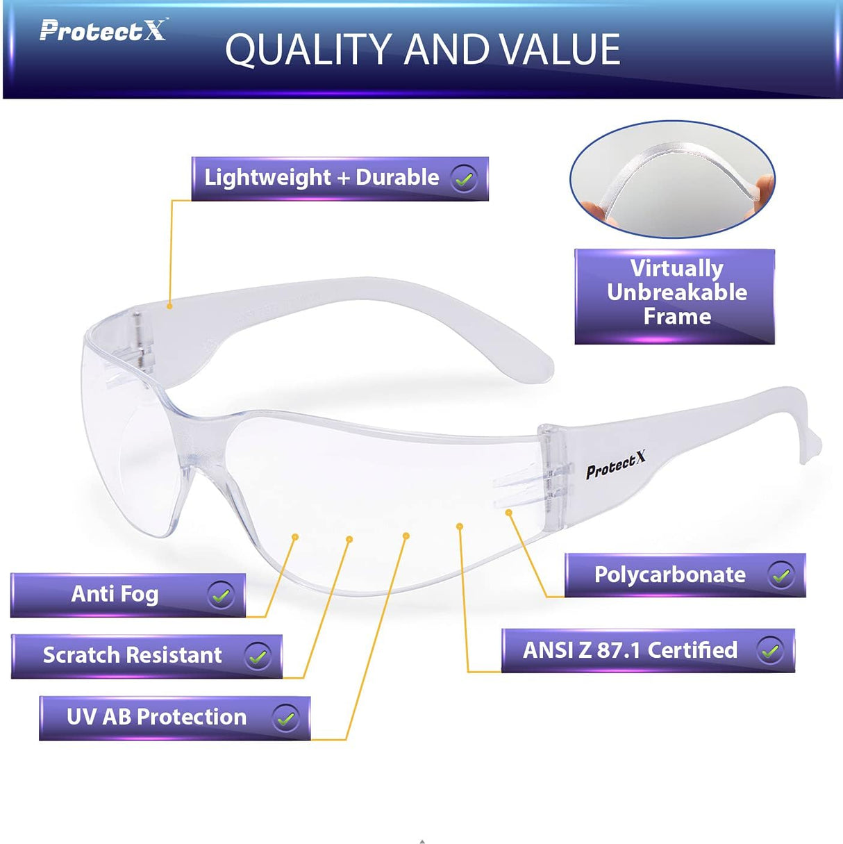 ProtectX 12 Pack Clear Anti Fog Safety Glasses, Protective Eyewear for Men Women, ANSI Z87.1 Impact Resistant Wrap-Around Lenses, Eye Protection for Work, Lab, Construction ProtectX