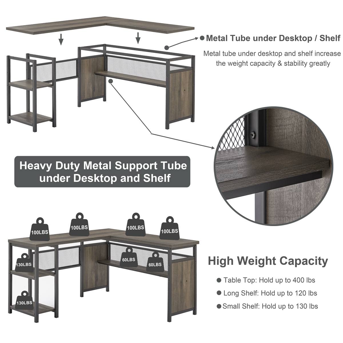 FATORRI L Shaped Computer Desk, Industrial Home Office Desk with Shelves, Reversible Wood and Metal Corner Desk (Walnut Brown, 59 Inch) FATORRI