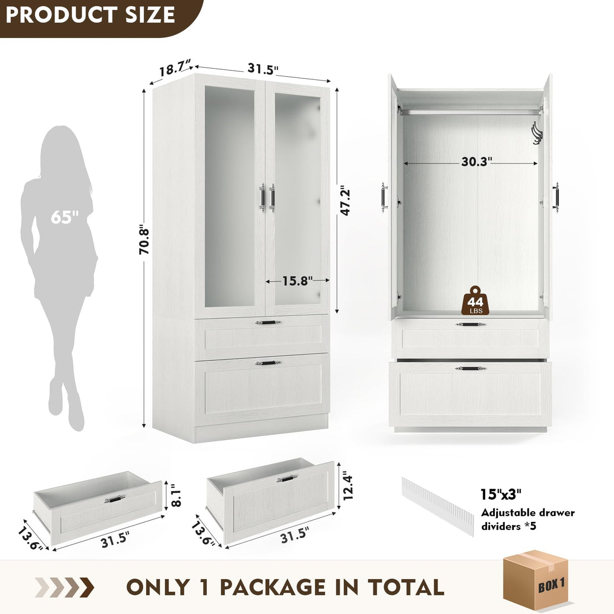 MEISSALIVVE 2 Door Wardrobe Cabinet with Hanging Rod & 2 Drawers, 70.9''H Armoire Wardrobe Closet with Frosted Glass, Wardrobe Clothes Storage Closet Cabinet for Bedroom, Wood Grain MEISSALIVVE