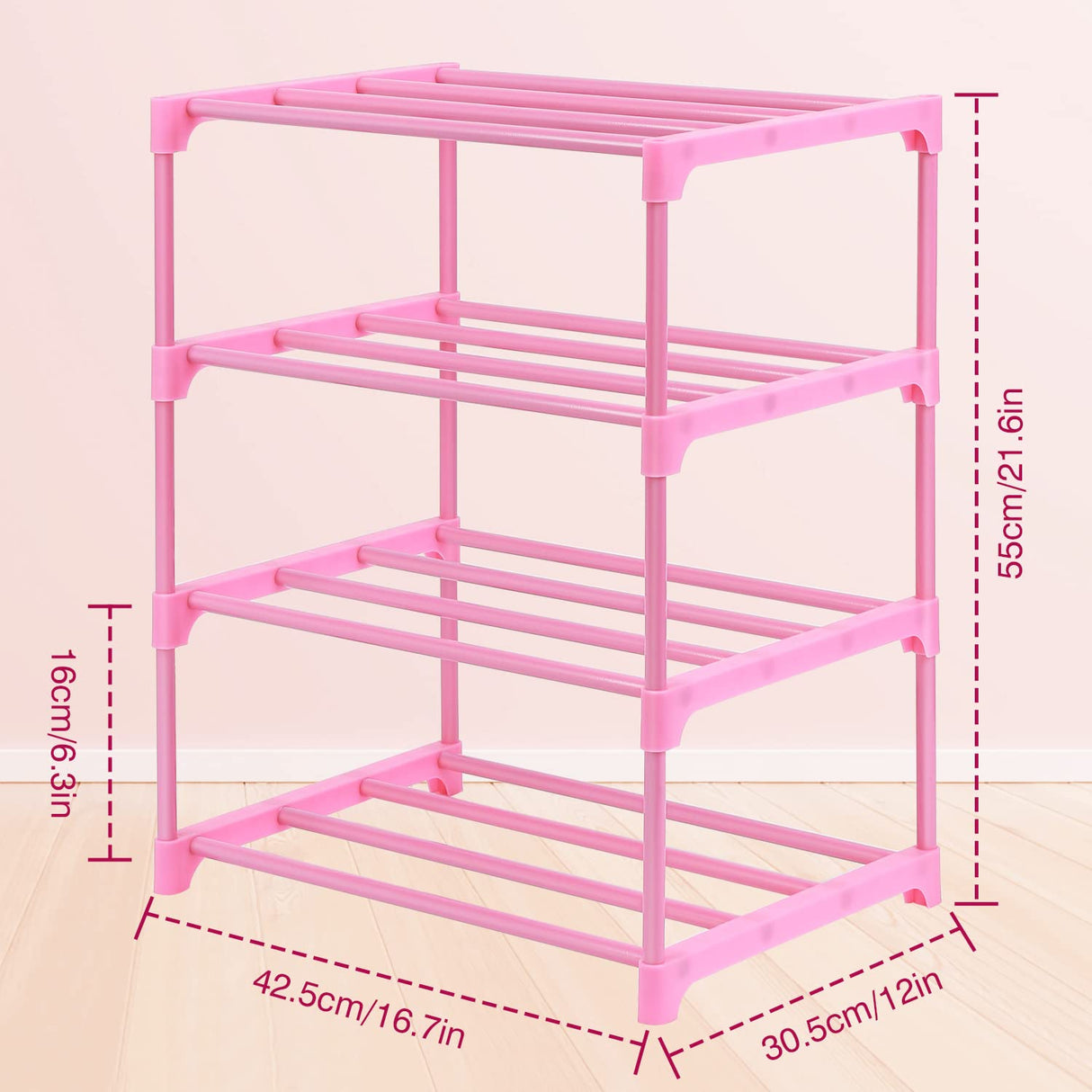 HITHIM 4-Tier Free Standing Shoe Racks for 6-8 Pairs Shoe Storage,Kids Shoe Racks for Small Place,Lightweight Stackable Shoe Shelf Organizer for Entryway, Doorway and Closet,Pink HITHIM