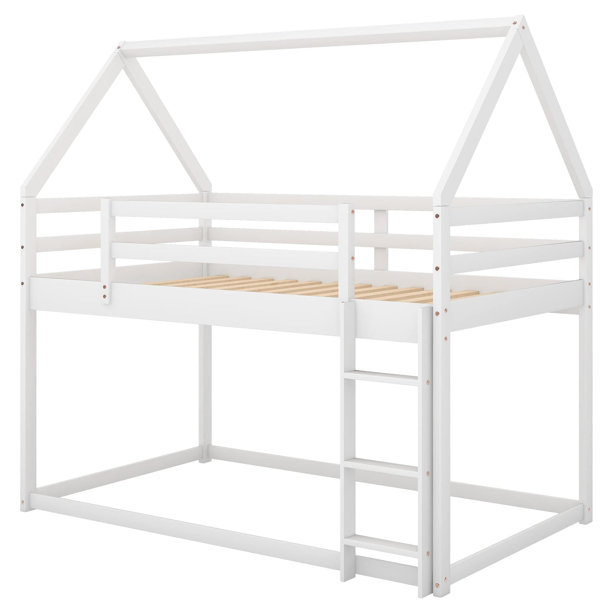 Bellemave Low Twin Over Twin House Bunk Bed for Kids - Solid White Wood with Ladder and Guardrails Bellemave
