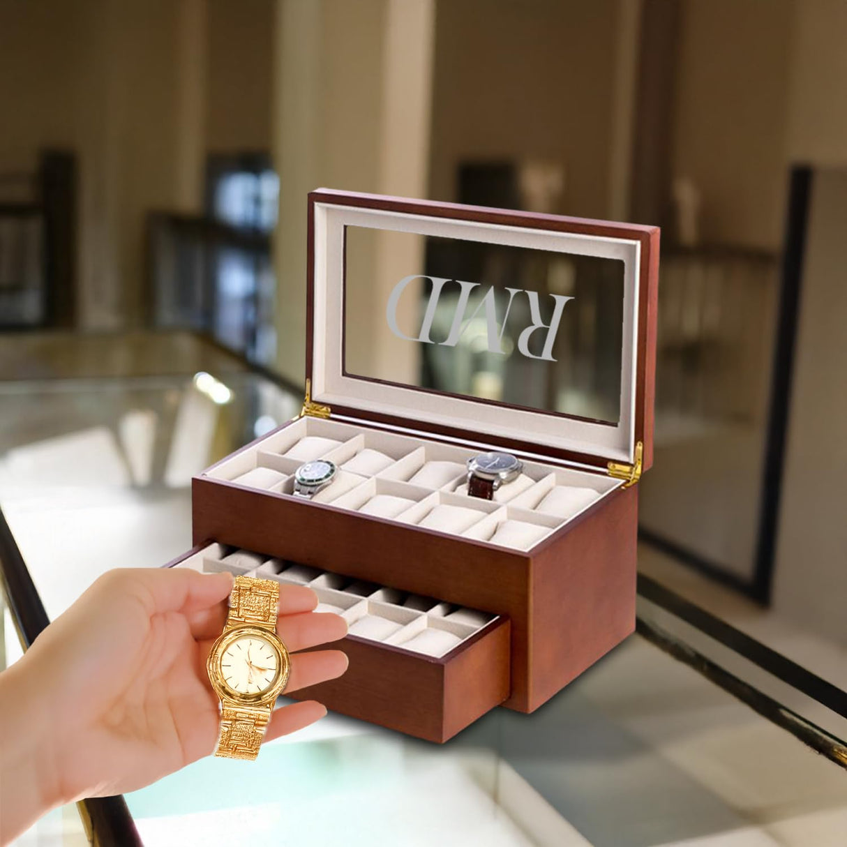 Bey-Berk Bosh Personalized Cherry Custom Wood Watch Box – 20-Slot Organizer with Glass Top, Drawer & Lining Bey-Berk