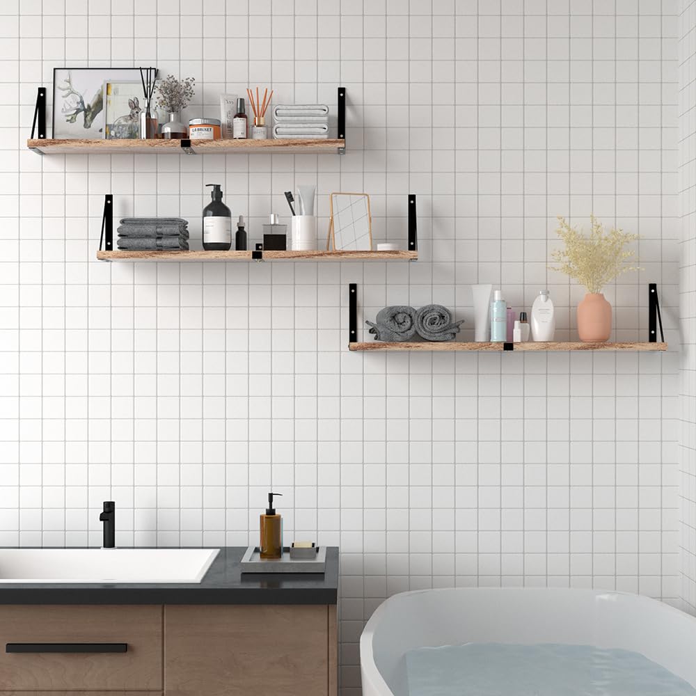 Floating Book Shelves Set of 3, Wall Bookshelf, 33 inch Long Wood Shelf for Wall Storage, Hanging Shelving for Bedroom, Bathroom, Living Room, Kitchen, Office and Plants (Carbonized Black) Senyh