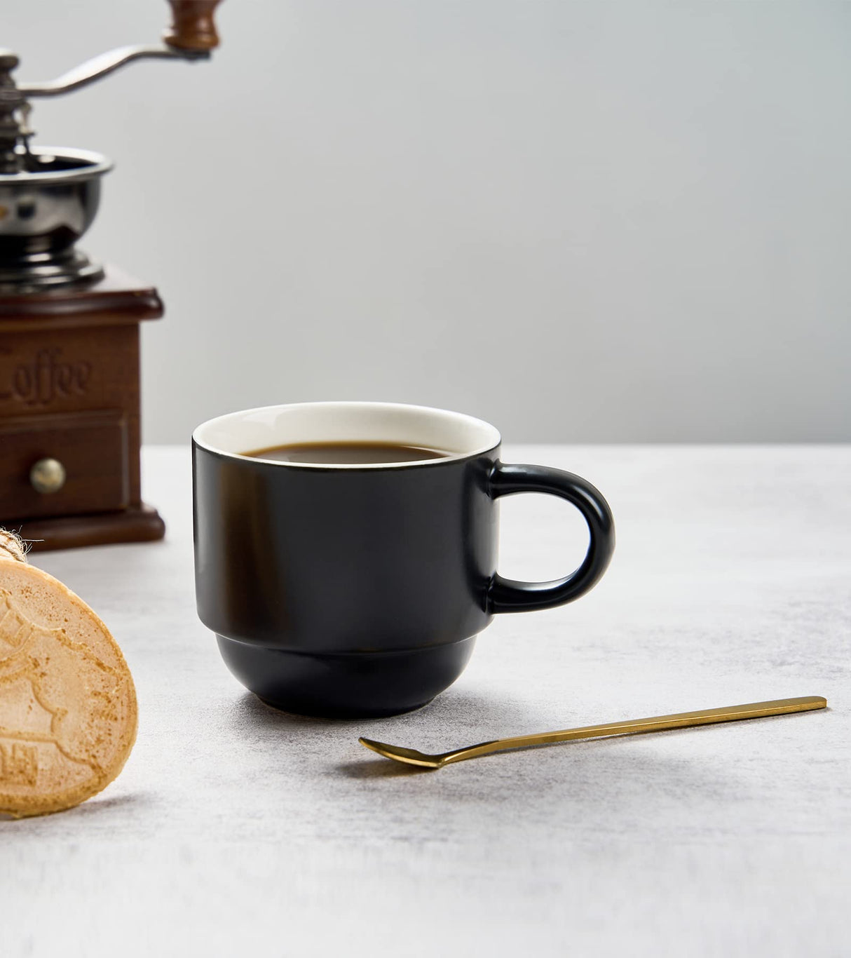 YHOSSEUN Porcelain Stackable Coffee Mug Set With Rack, Demitasse Cups with Espresso Spoons, 11 Oz For Coffee Drinks, Latte, Macchiato, Cafe Mocha Set of 4,Black YHOSSEUN