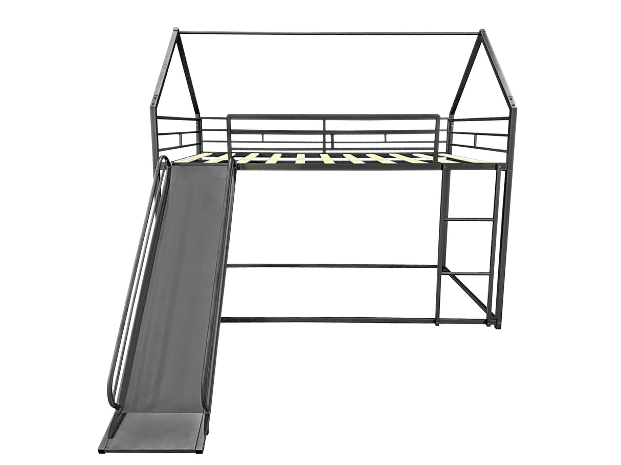 PVWIIK Twin Size House Bunk Bed with Slide & Ladder for Girls/Boys/Teens,Heavy Duty House Bunk Bed Frame w/Metal Slat Support,No Box Spring Needed,Black PVWIIK