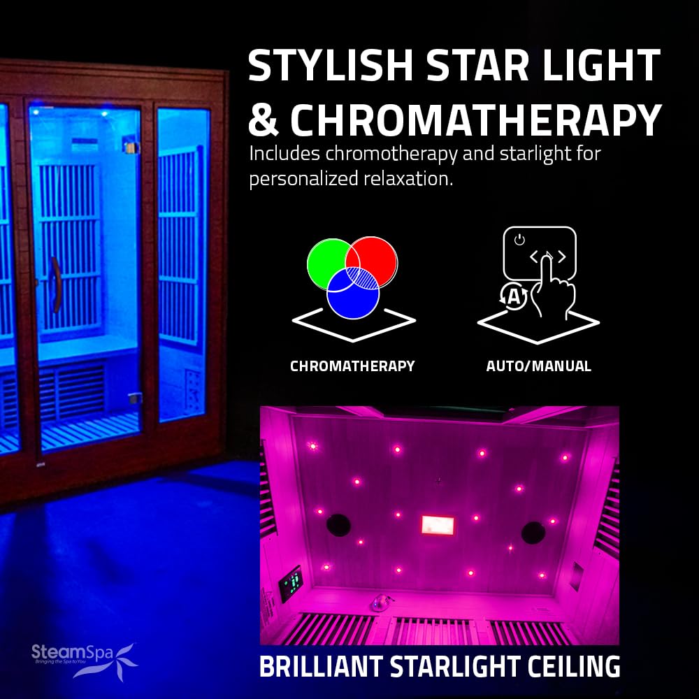 SteamSpa 1-5 Person Low EMF Carbon FAR Infrared Hemlock Wood and Tempered Glass Indoor Home Sauna Room with LED Touch Control Panel, Color LED Therapy Light, Bluetooth Speaker, Oxygen SteamSpa