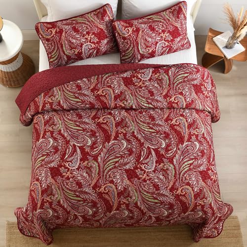WONGS BEDDING Boho Quilt Set Queen,3 Pieces Red Paisley Pattern Bedspread Coverlet Set,Lightweight Microfiber Bohemian Bedding Set for All Season 96"×90" WONGS BEDDING