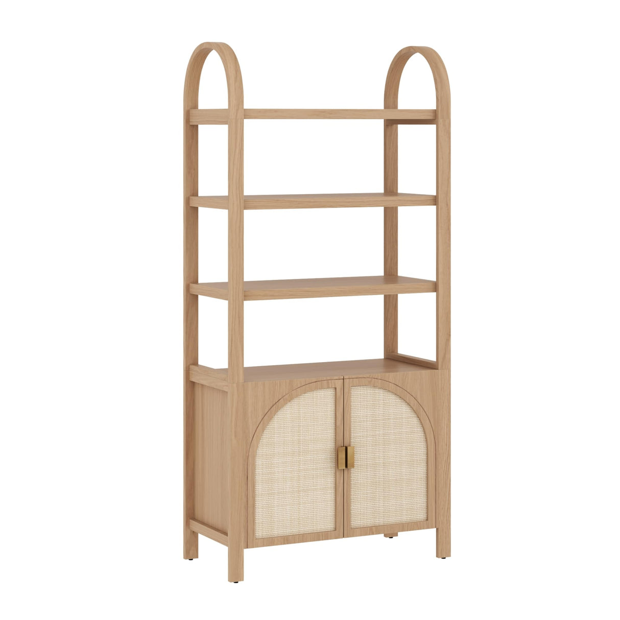Nathan James Paxton Mid-Century Modern Arched Bookshelf Cabinet with Solid Wood Frame and Rattan Base, Raw Oak Nathan James