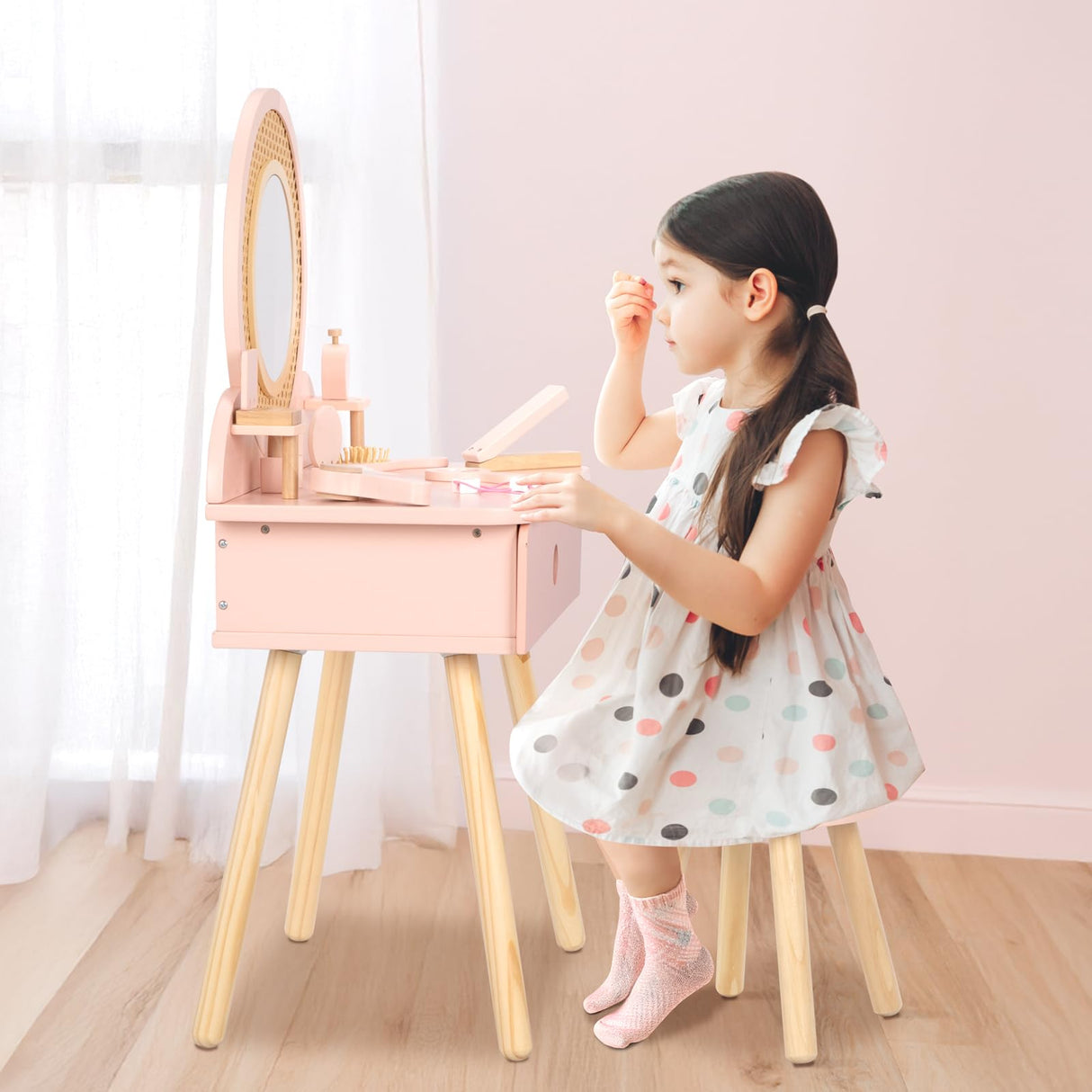 OOOK Kids Vanity Table and Chair Set, Pink Girls Vanity with 11 Pcs Accessories, Enough for Real and Pretend Makeup, Toddler Vanity for 3 Year Old and Up as Ideal Gift OOOK