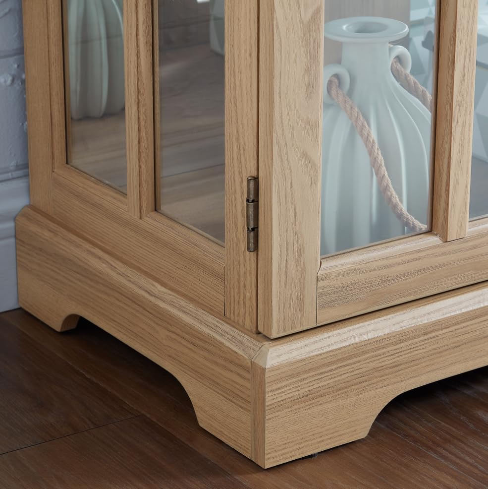 LED Curio Display Cabinet, Antique Display Cabinet with Adjustable Shelves, Retro Design Quality Showcase with Lattice Doors, Elegant Bookcase and Storage Cabinet for Home Decor (Oak) Maxtude