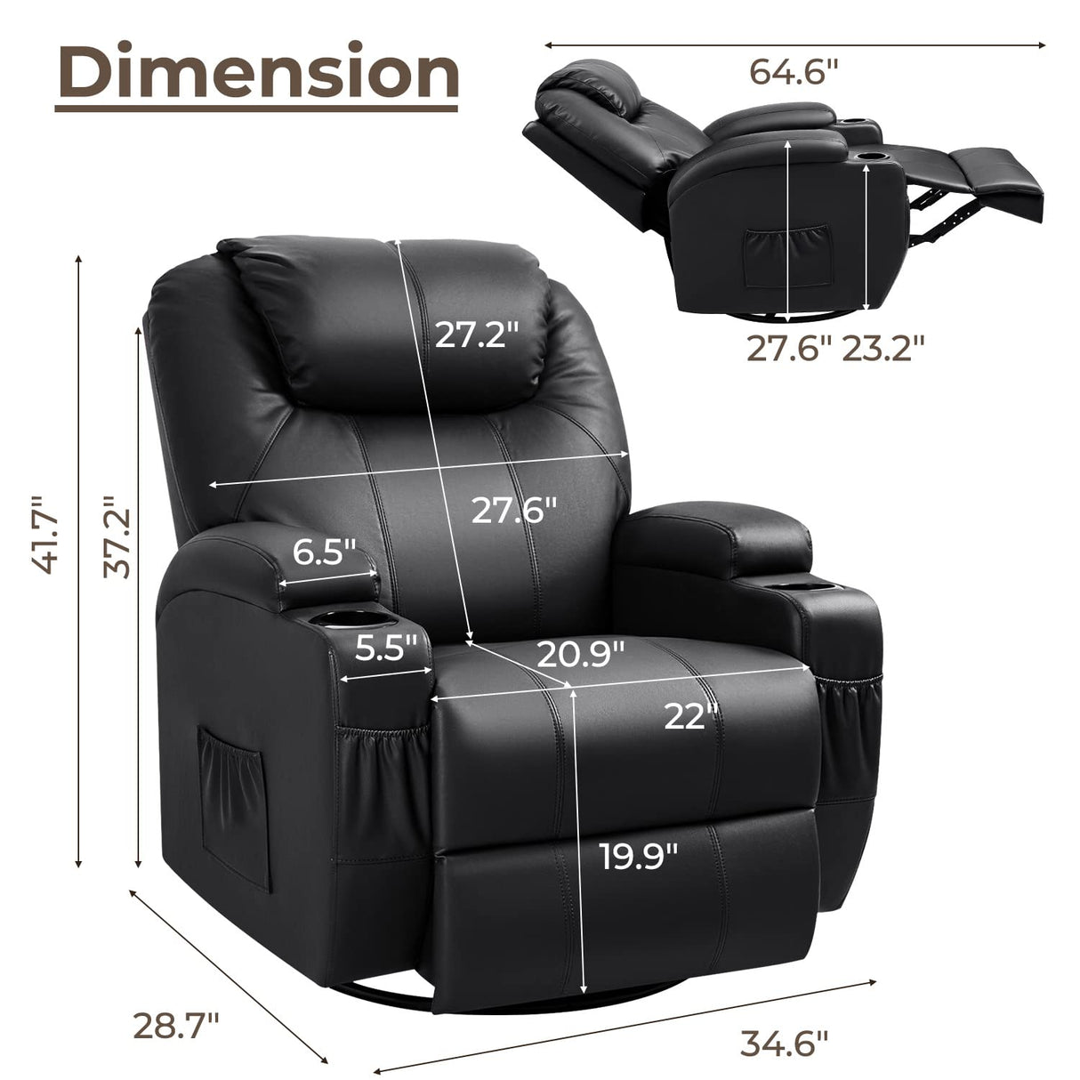 Furniwell Rocker Recliner Chair with Massage for Elderly, Leather Adjustable 360°Swivel Rocking Sofa for Living Room with Remote Control, Cup Holders (Black) Furniwell