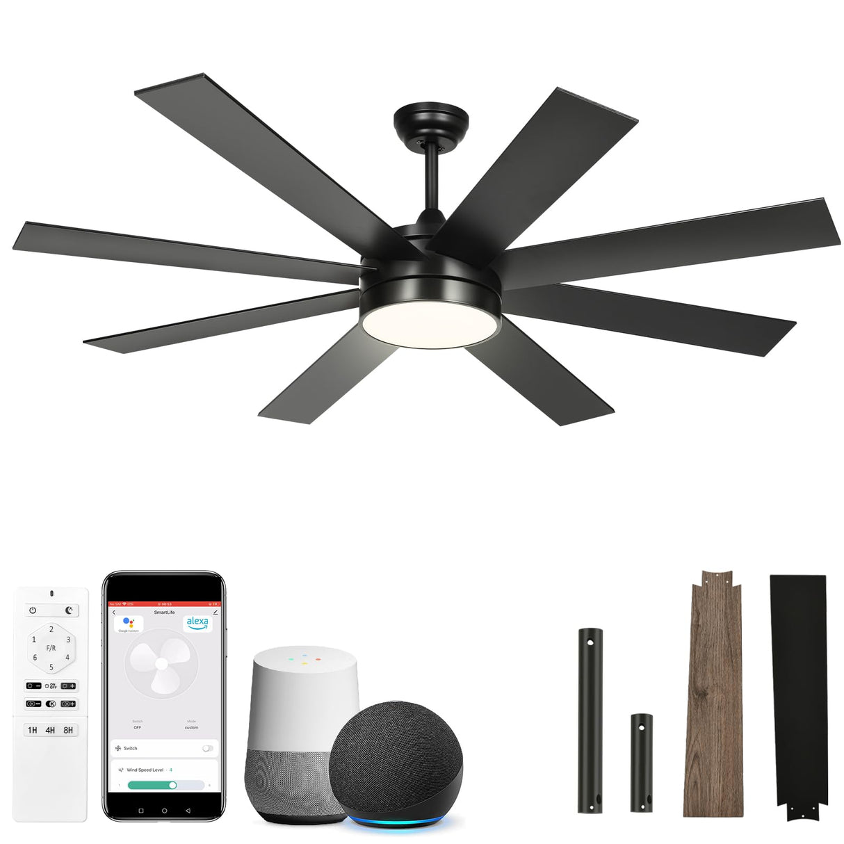 YITAHOME 60 Inch Black Ceiling Fan with Lights and Remote,8 Blades,App Control, Modern Smart Ceiling Fan Compatible with Alexa for Indoor, Reversible Quiet Motor, Memory Function YITAHOME