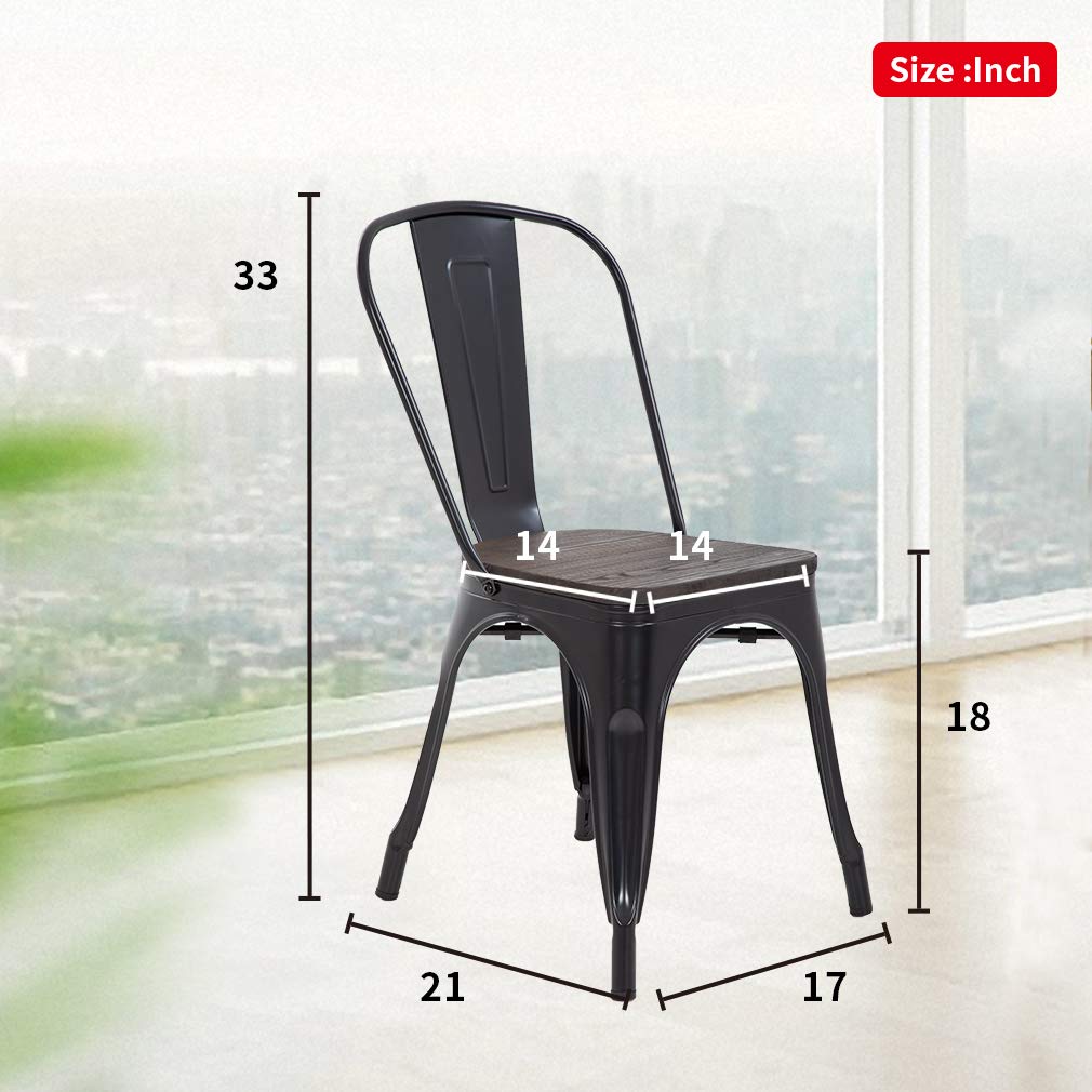 FDW Metal Dining Chairs Set of 4 Patio Chairs Furniture Indoor Outdoor Chairs Kitchen Metal Chairs Stackable Chair Tolix Side Bar Chairs Wooden Seat 18 Inch Seat Height Restaurant Chair,Black FDW