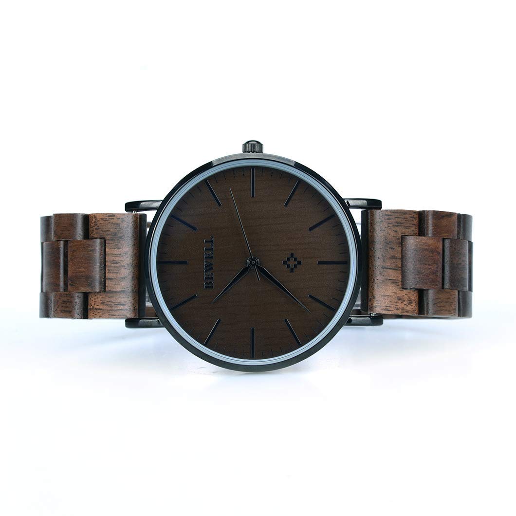 BEWELL Wooden Watches for Men Women Slim Analog Quartz Minimalist Couple Wrist Watch W163A (Mens-Black) BEWELL