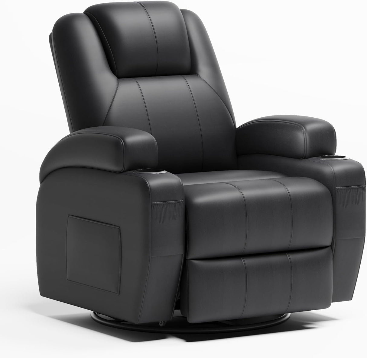 Flamaker Swivel Rocker Recliner Chair with Vibration Massage, 360° Swivel Recliner Chairs for Adults Ergonomic Lounge Chair with Cup Holders Lazy Boy Recliner Single Sofa Seat (Leather, Black) Flamaker