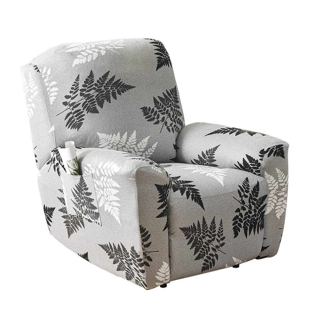 CHNSHOME Recliner Chair Covers, 4-Piece Stretchy Slipcover with Remote Control Pocket, Black and White Leaves Pattern, Traditional Style CHNSHOME