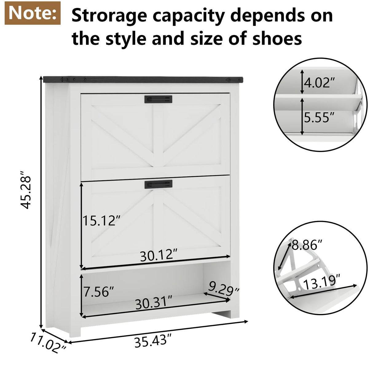 Loomie Farmhouse Shoe Cabinet,Free Standing Tipping Bucket Shoe Rack Organizer with 2 Flip Drawers,Entryway Narrow Shoe Storage,Modern Slim Hidden Shoe Cabinet with Doors & Storage Cubby, White Loomie