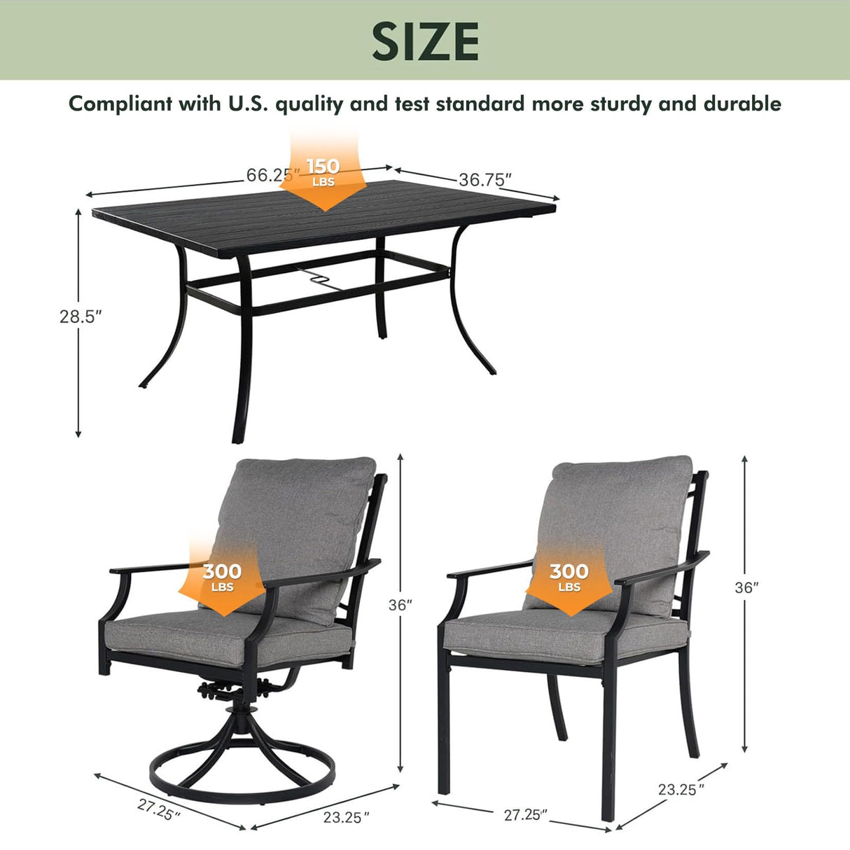 Grand patio 7-Piece Outdoor Dining Set for 6 E-Coated Patio Dining Furniture Set for 6 Patio Swivel Dining Chairs with Olefin Cushions 1 Rectangular Dining Faux Woodgrain Table with Umbrella Hole Grey Grand patio