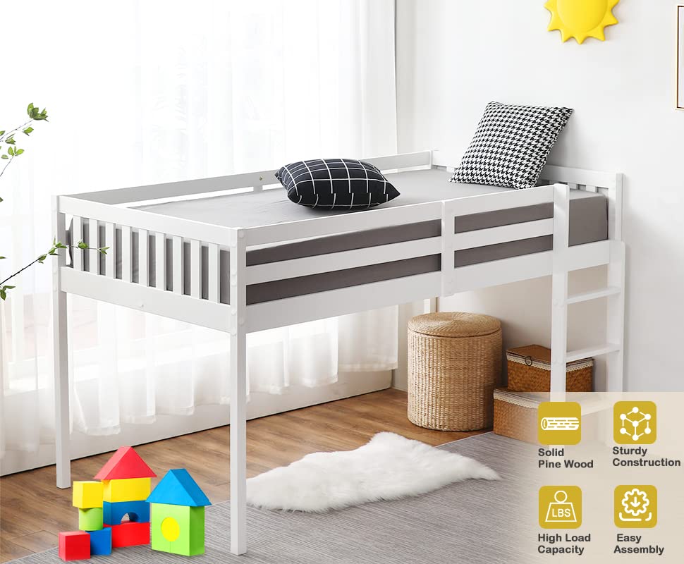 JOYMOR Low Loft Bed Twin Size, Wood Loft Bed Frame for Kids Junior Adults with Full-Length Guardrail and Ladder (Low Loft) JOYMOR